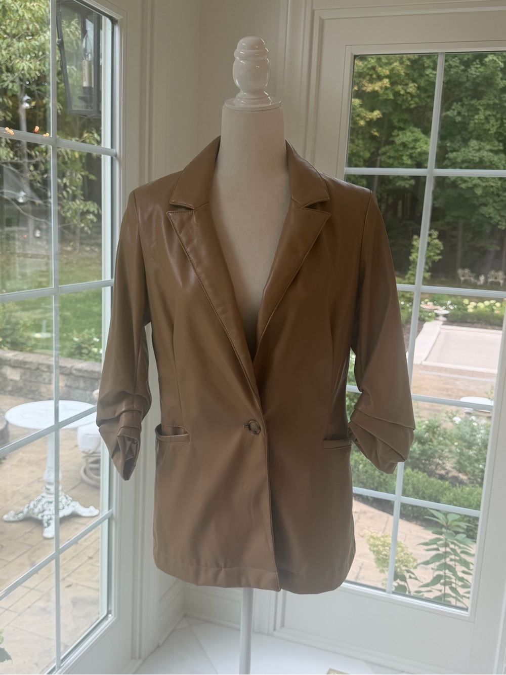 Rachel Zoe Faux Leather Blazer Camel Tan Medium Ruched Sleeves